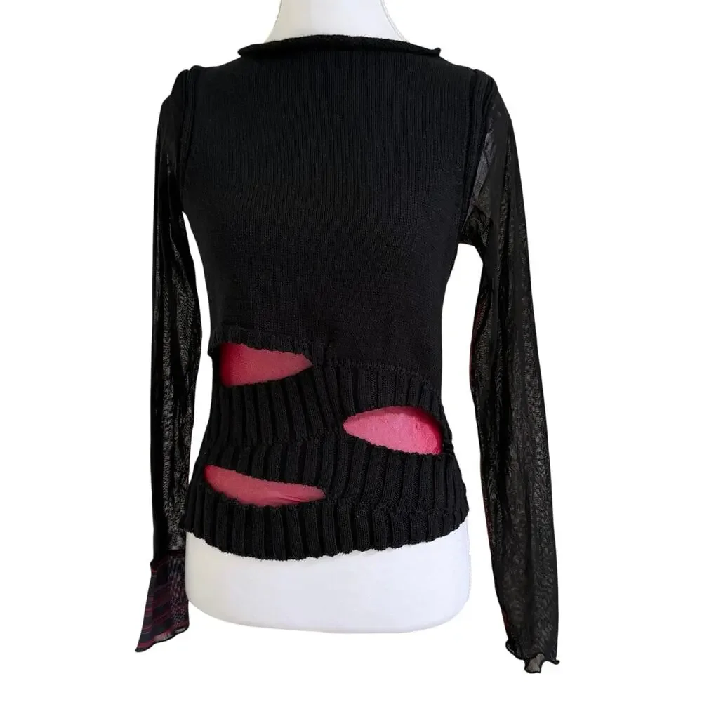 Vintage Cop.Copine Mesh Knit Cutout Top Made in France Black Red Size 1 XS S - Picture 1 of 9